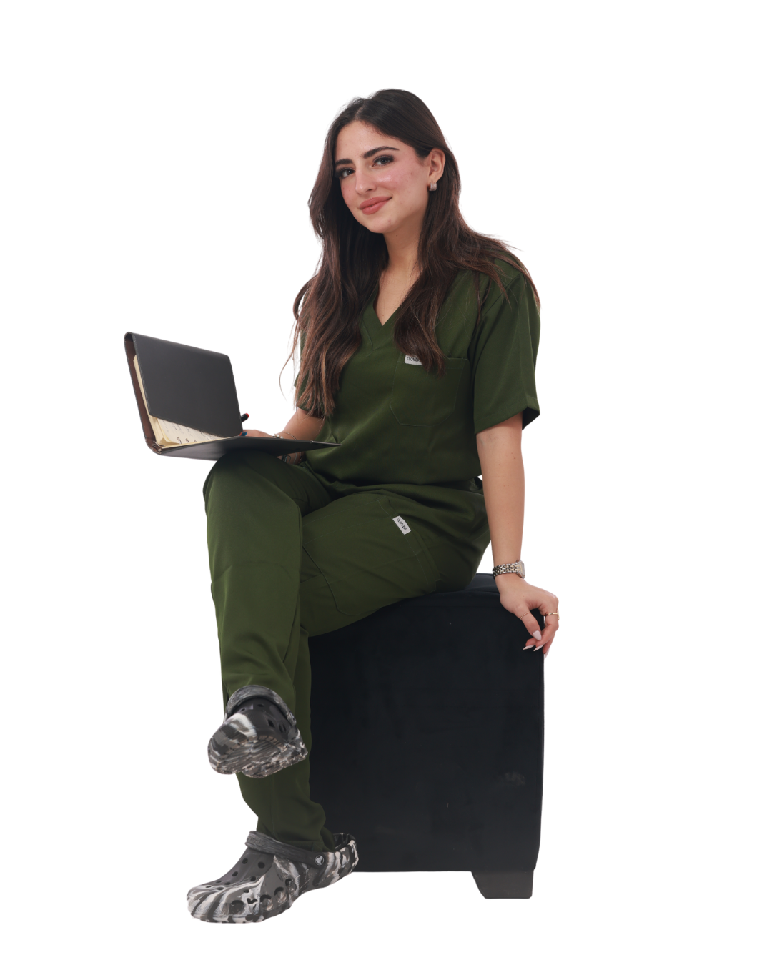 Image de Vert Olive — Ensemble médical pour femme Clover Uniform à 4 poches (haut à col en V et pantalon cargo)